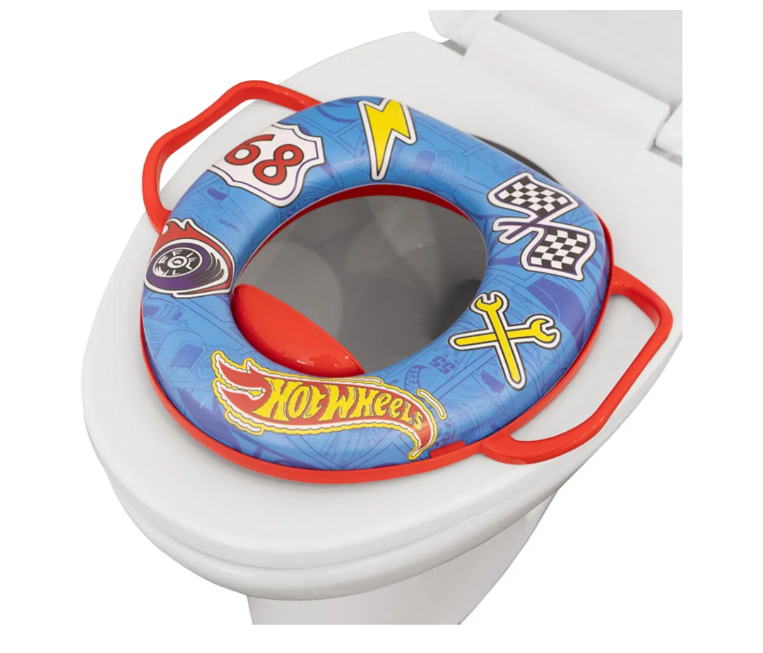 Hot Wheels Soft Potty Training Seat for Toilet with Storage Hook, Non-Slip Potty Ring with Splash Guard, Built-in Handles for Toddlers