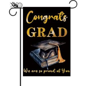 Congrats Grad Garden Flag Graduation Cap Vertical Burlap Double Sided 12.5 x 18 Inch Celebrate for Graduation Schoolyard Farmhouse Outdoor Lawn Party Decor Gift