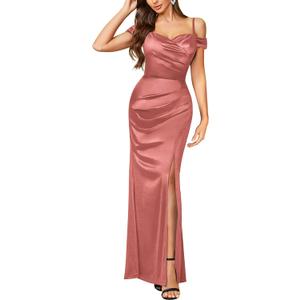 Miusol Women's Sexy Off Shoulder Satin High Split Ruched Style Evening Party Maxi Dress (Cinnamon Pink), S