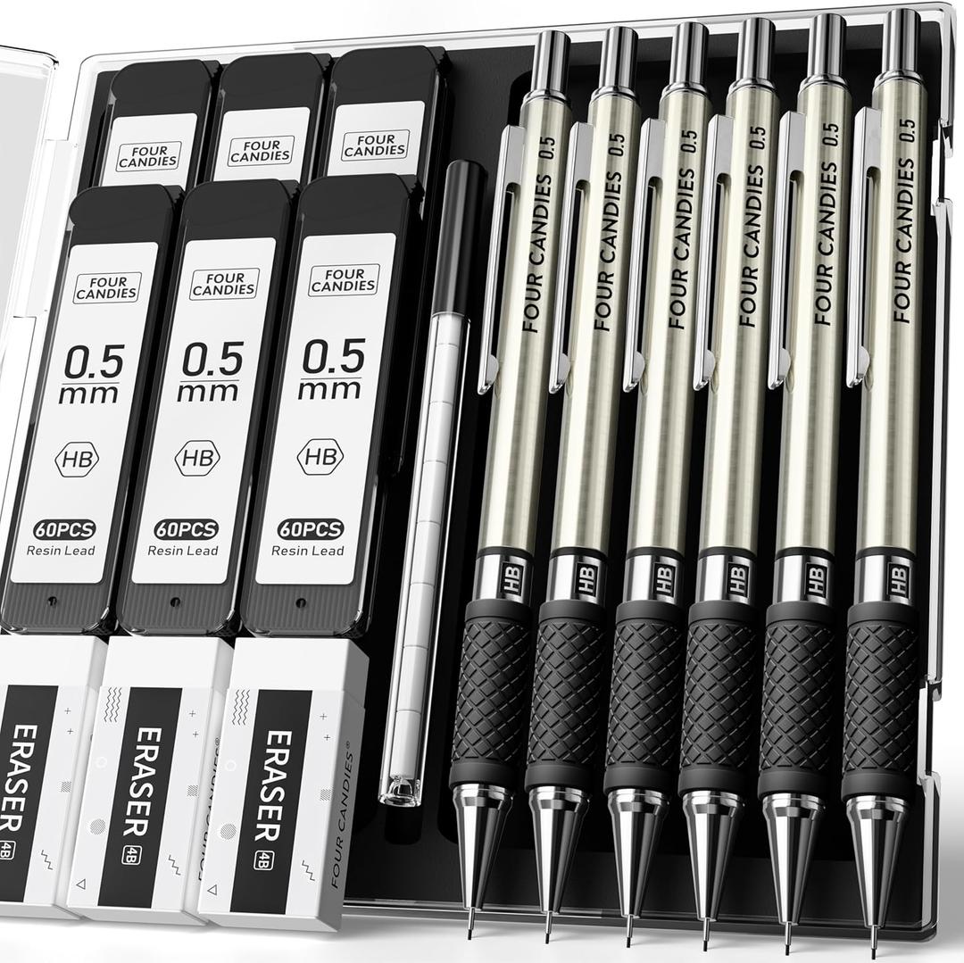6PCS Metal Mechanical Pencil Set with 0.5 mm Fine Point, 360 Leads, 12 Erasers, Art Mechanical Pencils Pack with Storage Case for School Writing, Sketching, Drawing & Professional Drafting