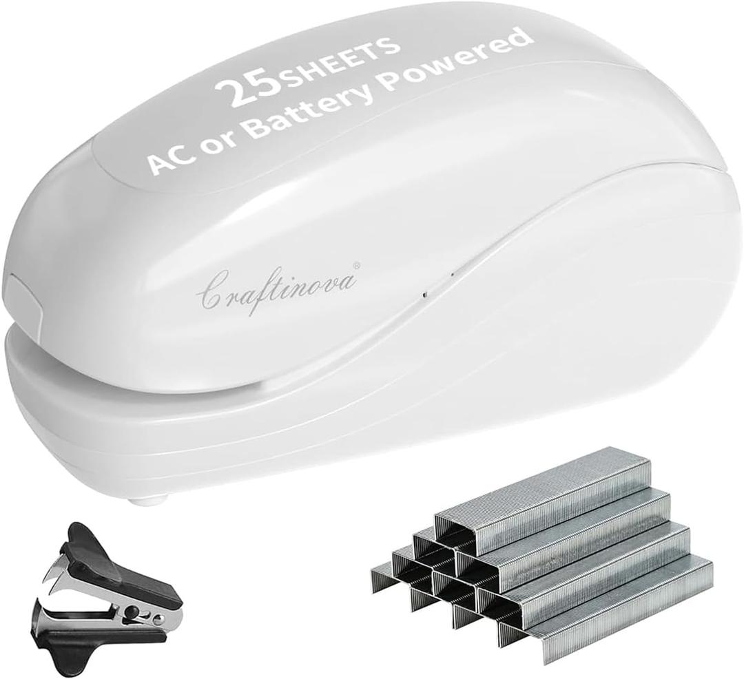 Electric Stapler,Including 2000 Staples and 1 Staple Remover, Suitable for Palm Size and high Comfort25 Sheet Capacity, AC Adapter or Battery PoweredBattery not Included(White)