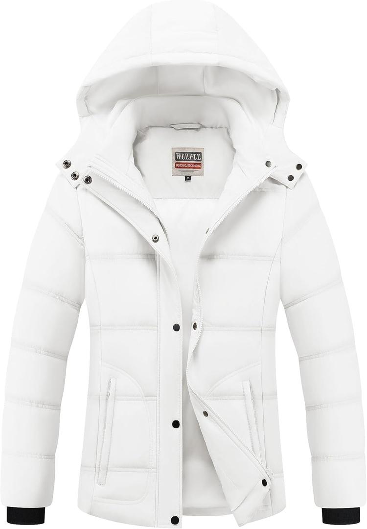 WULFUL Women's Winter Coats Lightweight Warm Thicken Puffer Jacket Waterproof Quilted Winter Jackets with Removable Hood (Large, White)