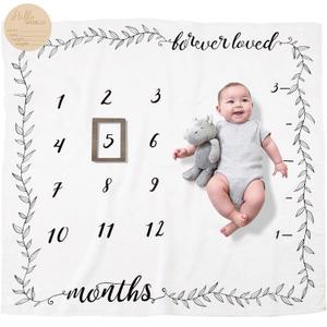 Organic Baby Milestone Blanket - Boy or Girl, 1-12 Months, Neutral, 47'x47' with Wood Frame and Newborn Announcement Disc