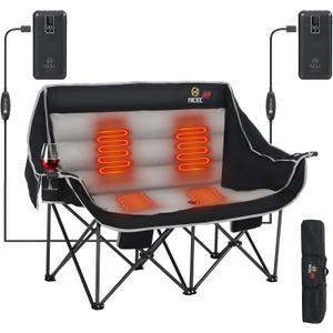 Nice C Heated Camping Chair with Battery, Outdoor Heated Folding Bench, Double Padded Loveseat for Adults, Camping Couch, with Cooler Bag, 2 Power Banks Included (Black&Grey), 55 inches x 17.3 inches x 35.6 inches