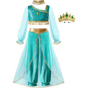 ReliBeauty Princess Toddle Costumes for Girls Arabian Long Sleeves Dress up Holloween Party Birthday whithCollar and Crown (6-7/120, Green)