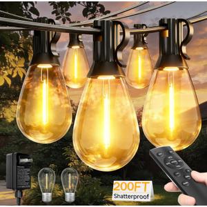 Tenmiro 200FT LED Outdoor String Lights with Remote, 72+2 Shatterproof Bulbs Dimmable Timing 3 Light Modes Outside Patio Lights for Backyard Porch Deck Garden Balcony Pool party Hanging Lighting Decor