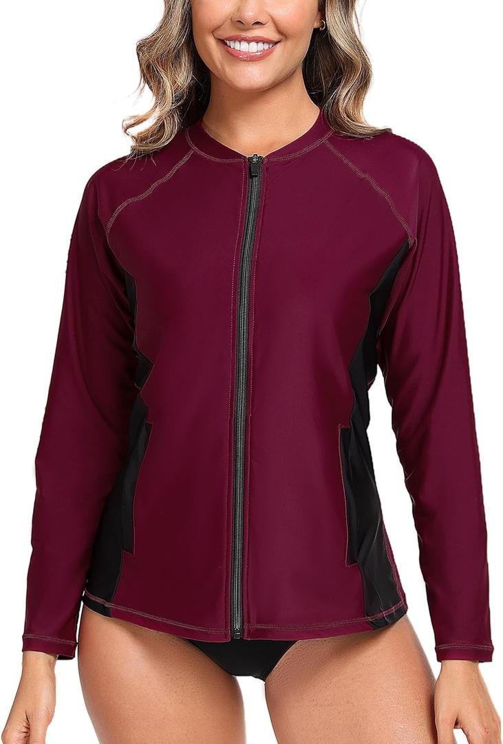 Halcurt Women's Full Zip Long Sleeve Rash Guard Swim Top with Pockets UPF50+ Quick Dry Swimsuit (X-Large, Burgundy)