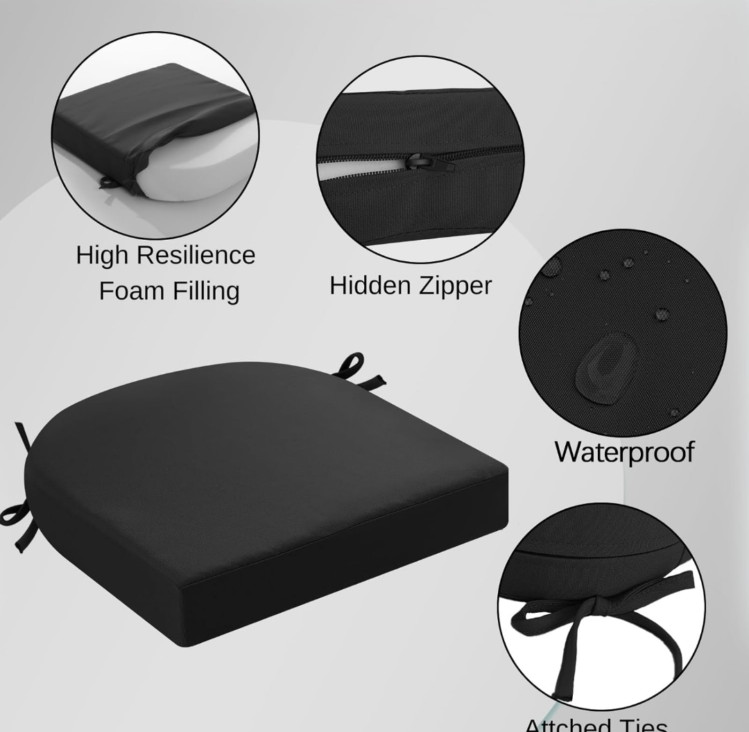 idee-home Outdoor Chair Cushions Set of 4, Thick 17" x 17" x 3" Patio Chair Cushions for Outdoor Furniture Waterproof with Ties, Seat Cushion, Patio Chair Pads Dining Chair Black