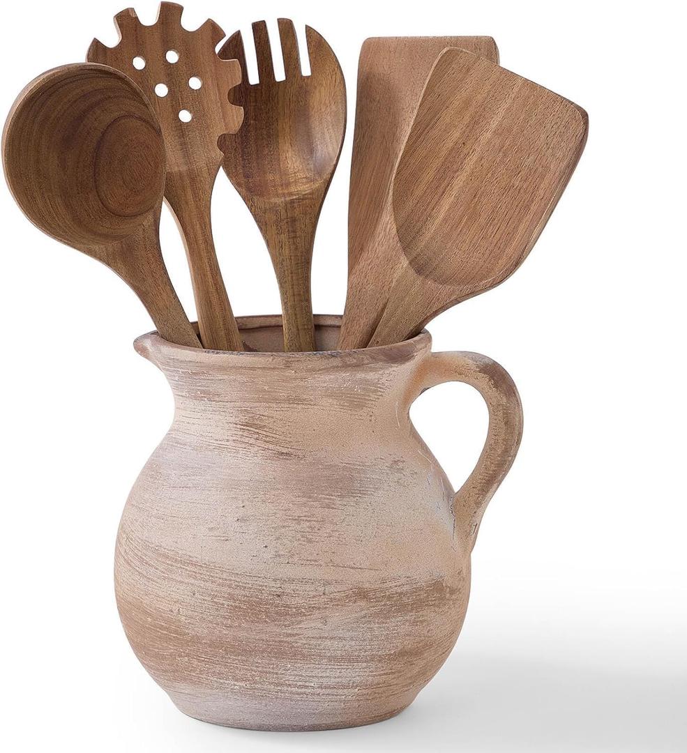 MIYUKI Rustic Kitchen Utensil Holder - 7.6 Inch Ceramic Utensil Crock for Countertop, Vintage Kitchen Counter Decor (Brown)