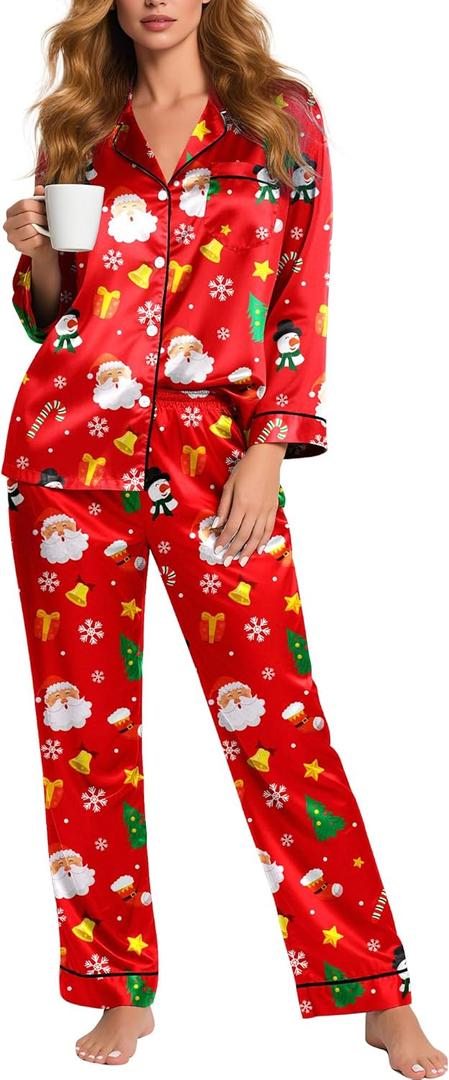 Silky Pajamas for Women 2 Piece Long Sleeve Pj Sets Women's Satin Sleepwear Button Down Loungewear Set (S)