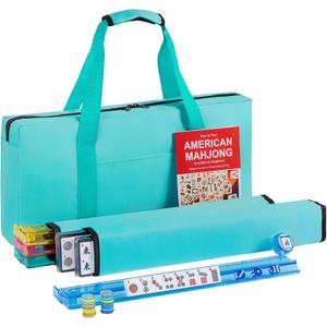 American Mahjong Tile Set, 166 White Tiles, 4 All-in-One Colors Rack/Pushers, Complete Travel Mahjong Set with Light Green Carrying Bag