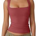 QINSEN Women's Square Neck Sleeveless Double-Layer Tank Tops Basic Tight T Shirts
 M