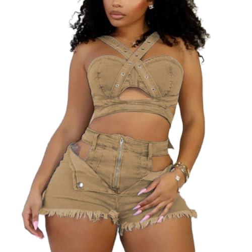 YOUFE Womens Sexy Denim 2 Piece Outfit Stretchy Crop Tank Top Bodycon Shorts Set Hollow Out Jean Vest Club Tracksuit Summer Light Tan, Large