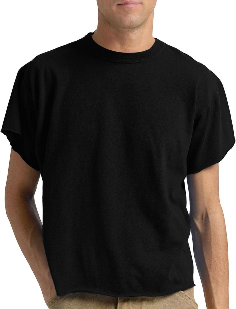 Men's Short Sleeve Round Neck T Shirts Boxy Raw Cut Tee Casual Basic Tops (Black, L)