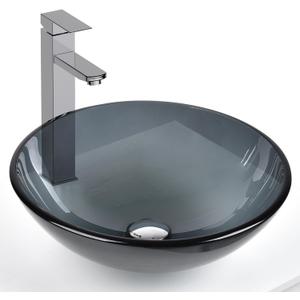 Bathroom Vessel Sink, Tempered Glass Vanity Round Bowl with Chrome Faucet and Pop up drain Set, Bluish Grey