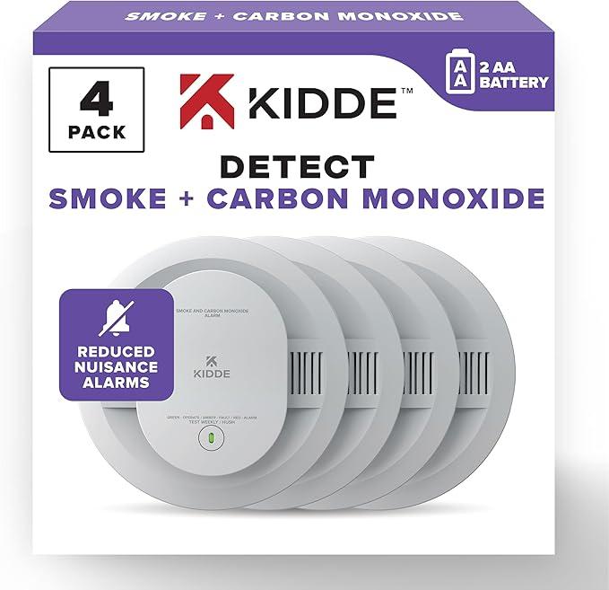 Kidde Smoke & Carbon Monoxide Detector, AA Battery Powered, LED Warning Light Indicators, 4 Pack