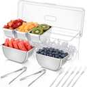 Large Ice Chilled Condiment Server Caddy with 5 Stainless Steel Removable Compartments, Clear Plastic Garnish Tray with Lid, 5 Forks and 2 Tongs, Fruit, Salad, Taco, Bar Platter for Party Bar Supplies