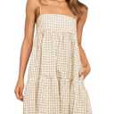 Wenrine Womens Summer Plaid Mini Dress Casual Spaghetti Strap Sleeveless A Line Beach Sundress with Pockets Apricot Yellow Size S