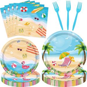 96 Pieces Summer Beach Tableware Set Party Supplies – Tropical Themed Disposable Dinnerware with Paper Plates, Napkins, and Forks for Picnics, Birthdays, Pool Celebrations – Serves 24