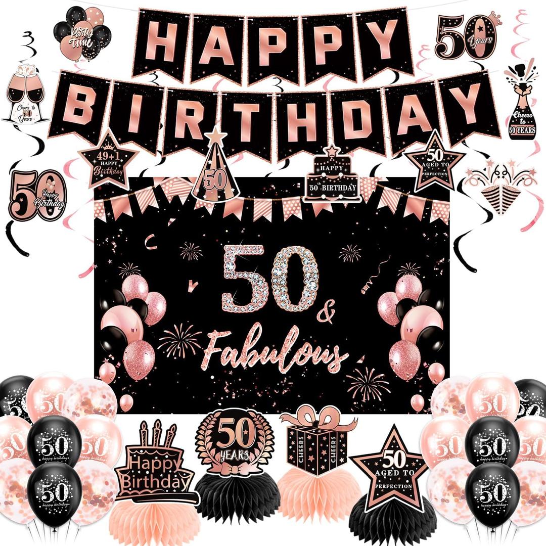 50th Birthday Decorations for Women, Pre-Strung Black Rose Gold Happy Birthday Banner Balloons Backdrop Honeycomb Centerpieces & Hanging Swirl Streamers, 50 Years Old Birthday Party Decorations Kit