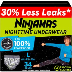 Ninjamas Boys Bedwetting Nighttime Underwear, Size L (64-95+ lbs), 34 Count, Overnight Protection, Ultra Absorbent, Hypoallergenic