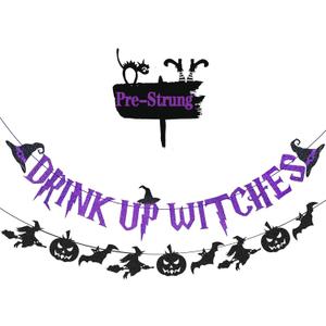2 x Pre-Strung Drink Up Witches Banner, Glitter Happy Halloween Banner Decorations with Pumpkin Bat Witch Sign for Halloween Party Home Office School Indoor Wall Mantel Hanging Backdrop Garland Decor