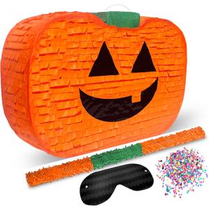 Halloween Pumpkin Piñata 4-piece set 17"x10" Perfect for Halloween Party Decorations, Photo Prop, Jack-O'-Lantern, October Birthday, Funny, Scary and Spooky, Fits candy/favors