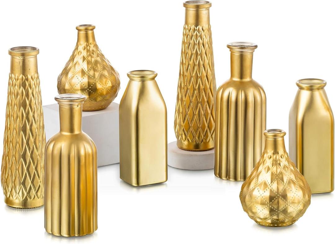 Glasseam Gold Glass Vase, 8pcs Cylindrical Home Decor, Antique Art Deco Style, Holds Water, Gold Electroplating Finish, Living Room Kitchen Bathroom Bedroom Decor, Table Centerpieces