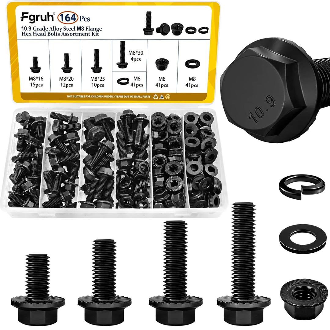 164PCS M8 Flange Head Bolt Assortment Kit,M8-1.25 x 16/20/25/30 mm Metric Flange Hex Bolts Nuts Washers Assorted,10.9 Black Zinc Galvanized
