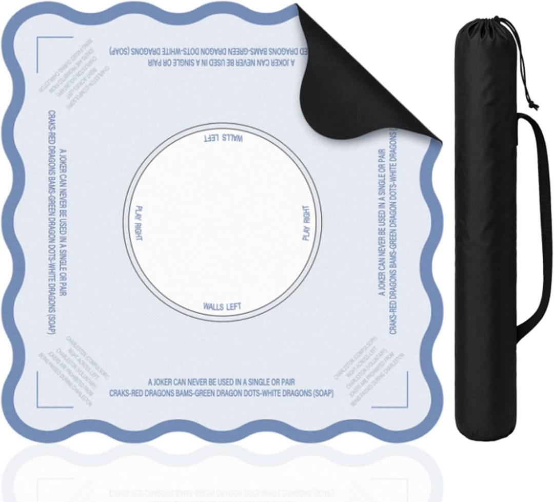 Blue Scalloped Mahjong Mat Set with 1 Carrying Bag 31.5" x 31.5" Anti Slip Noise Reduction Gaming Mat Mahjong/Poker/Board Games/Card Games/Dominoes Accessories for Adult