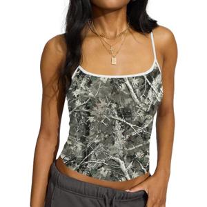 BAIGRAM Women Camo Crop Tank Top Spaghetti Strap Backless Camisole Fitted Maple Leaf Print Sleeveless Going Out Top Y2K (L)