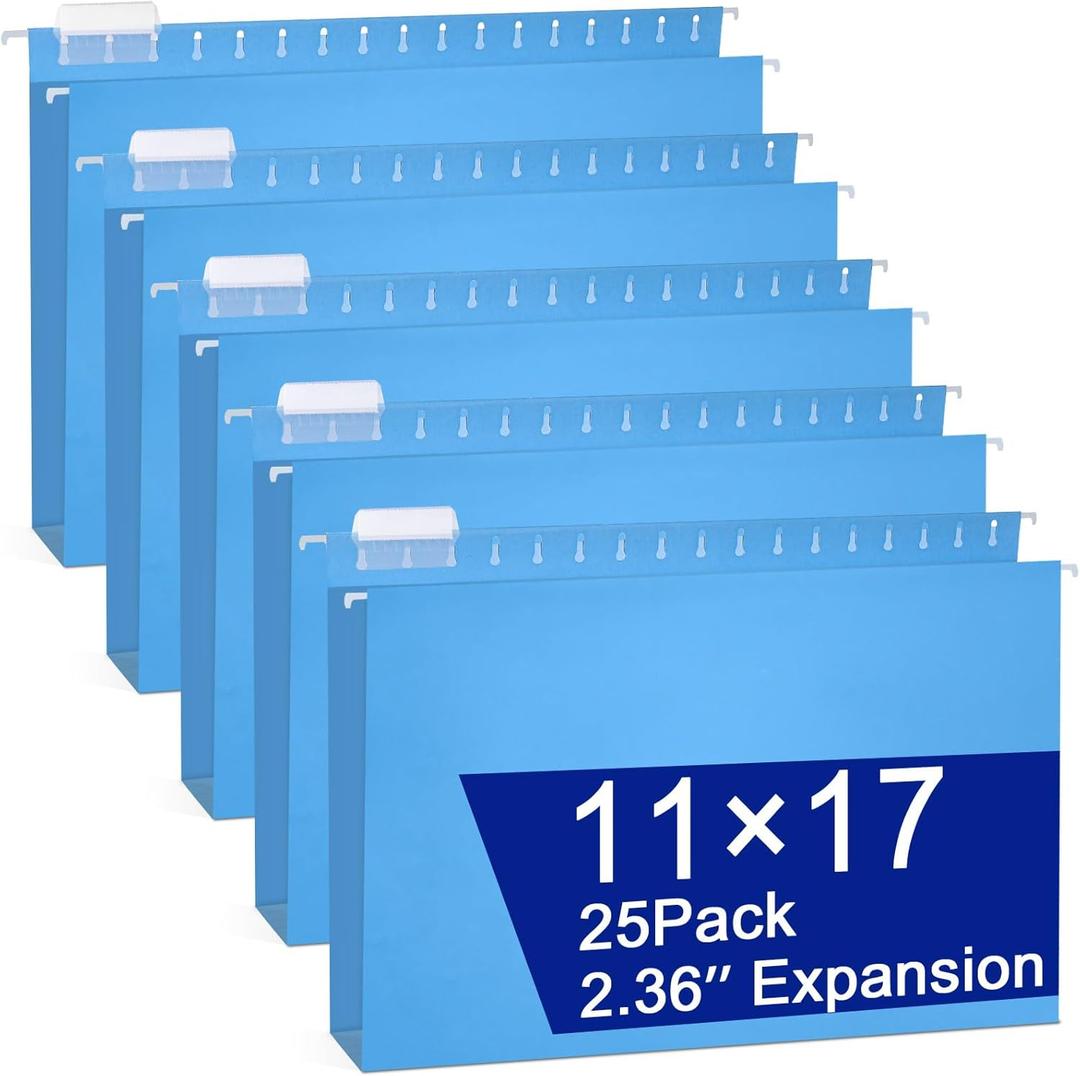 gisgfim 25 Pack Reinforced 11x17 Hanging File Folders 1/5 Cut Heavy Duty Hanging File Folders with Plastic Tabs & Label Cards Expanding Hangers File Organizer for Drawing Engineering Document (Blue)