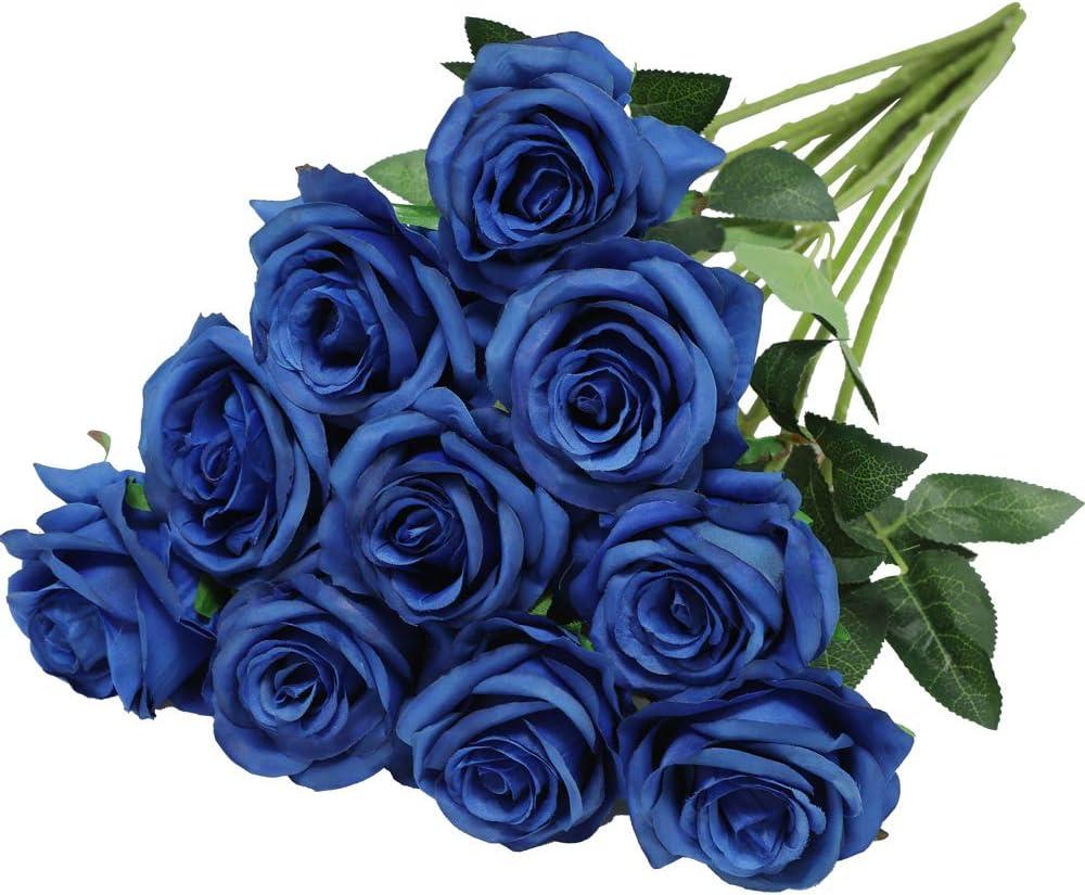 Nubry Artificial Silk Rose Flower Bouquet Lifelike Fake Rose for Wedding Home Party Decoration Event Gift 10pcs (Blue)