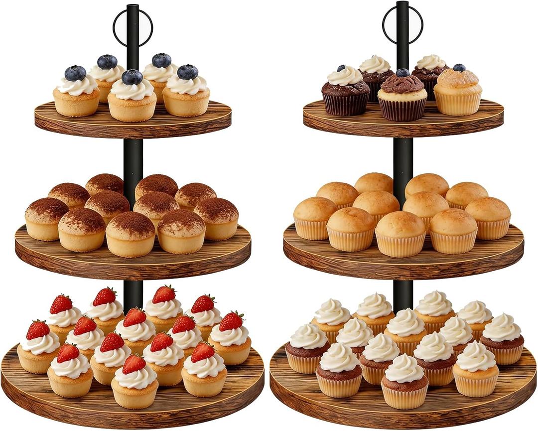 Cupcake Stand, 3 Tier Wood Cake Stands Rustic Cupcake Tower, Round Tiered Tray Stand for Dessert Table Display, Industrial Wooden Serving Stand Wedding, Graduation and Baby Shower