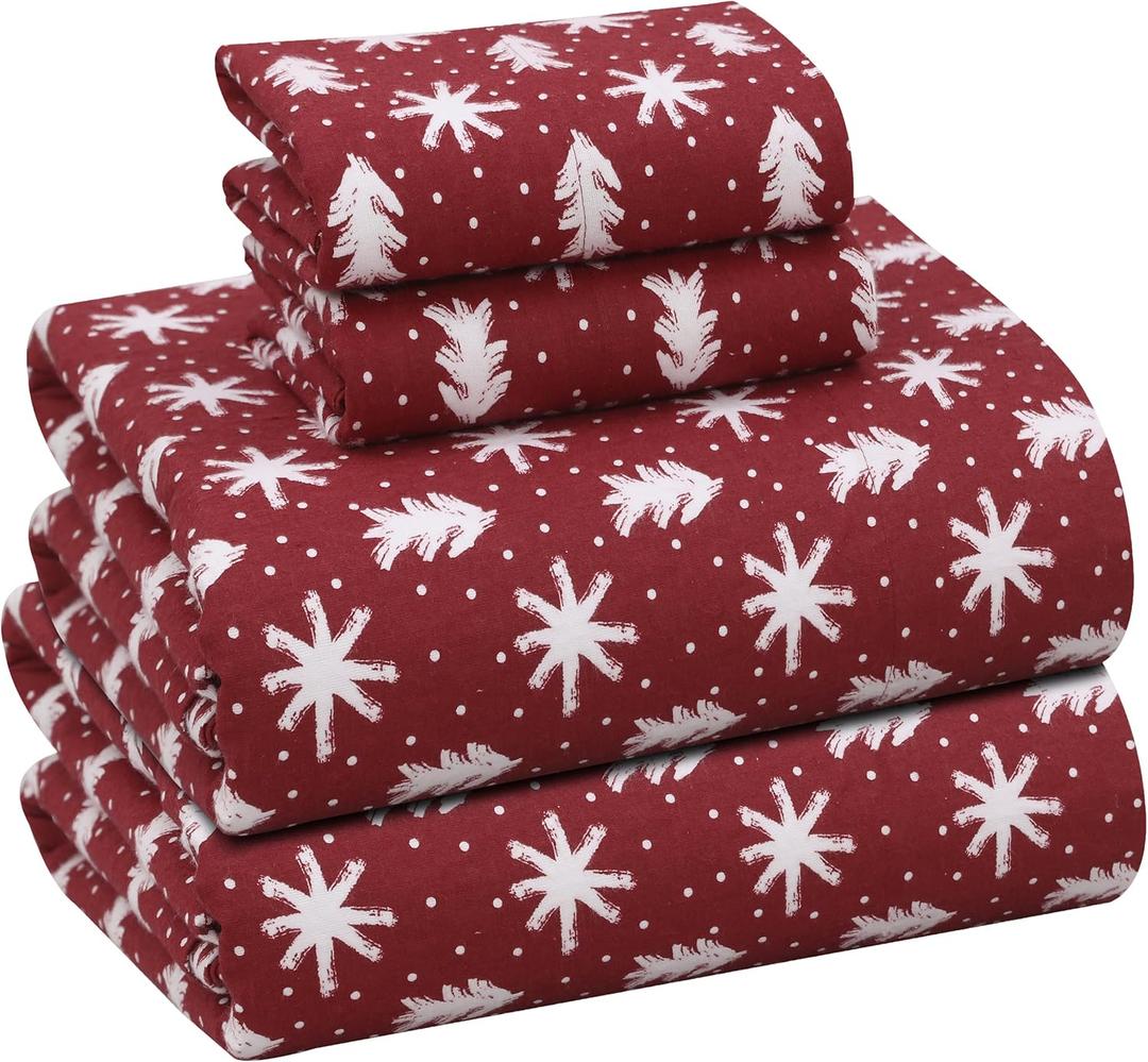 RUVANTI Flannel Sheets Full Size - 100% Cotton Double Brushed Bed Sheets Set, Deep Pockets 16 Inches, All Seasons Breathable & Extra Soft Full Sheets, Warm & Cozy, 4 Piece, Red Christmas