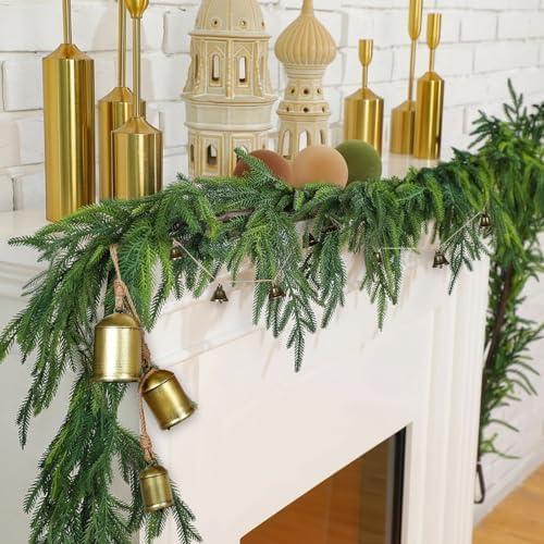 9 ft Christmas Artificial Cedar Garlands Real Touch Christmas Cedar Garland 3 Cow Bells with Bell Banner Xmas Realistic Faux Greenery Pine Garlands for Mantel Fireplace Stair Winter Decor