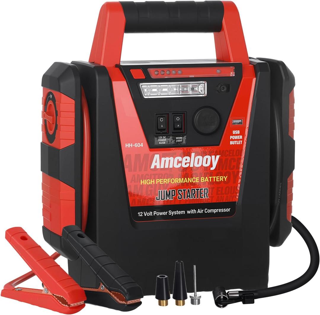 2000A Jump Starter with Air Compressor - Amcelooy Car Battery Jump Starter 260PSI Tire Inflator - Starts 8.0L Gas & 8.0L Diesel - 12V Portable Jump Box with LED Light & USB & DC Ports