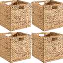 Handwoven Water Hyacinth Storage Baskets set of 4 Foldable Cube Bins Storage Oragnizer for Cabinet Shelf Bedroom Living Room (Natural, 13" L x 13" W x 13" H)