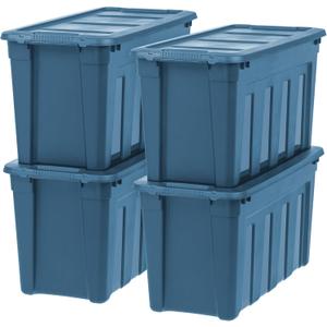 IRIS USA 31 Gallon Eco-Friendly Heavy Duty Storage Totes with Easy-Grip Handles, 4 Pack - Large Bins with Lids Garage Organizing Tubs, Durable Stackable Utility Containers, Made in USA - Navy