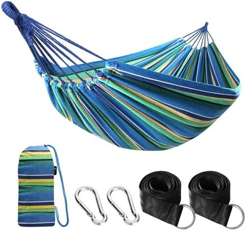 ANYOO Cotton Hammock Portable Camping Hammocks for Hanging Sturdy Garden Comfortable Fabric Hammock with Tree Straps Up to 660lbs with Travel Bag for Camping Outdoor/Indoor Patio Backyard, Blue/Yellow/Green Stripe