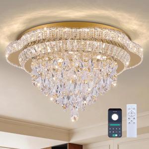 24" Gold Crystal Flush Mount Chandelier Modern LED Ceiling Light Fixture