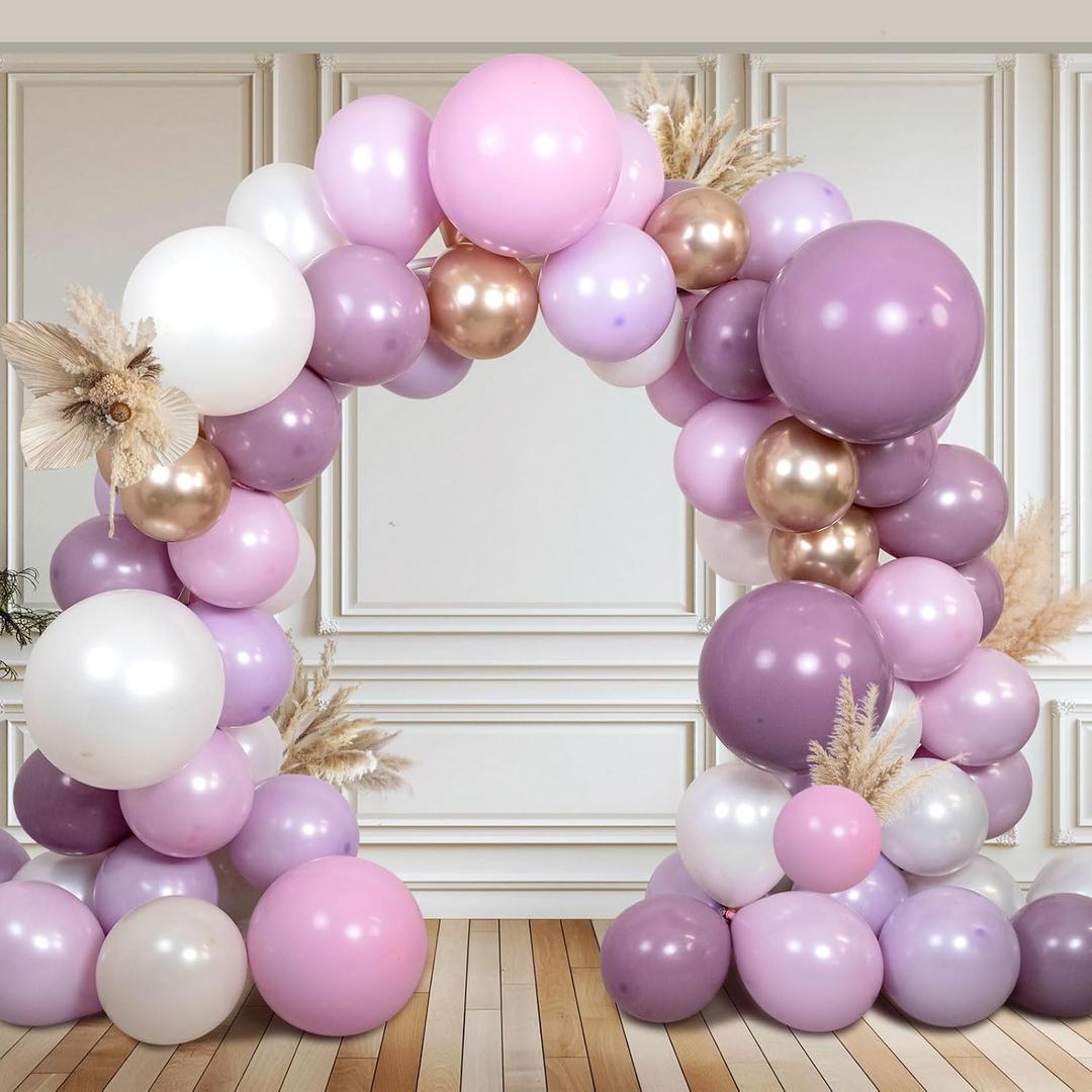 Dusty Purple and Pink Balloon Arch Kit  Double Stuffed Lavender, Pastel Pink, Lilac, Pearl White and Champagne Gold Balloons for Birthday, Baby Shower, Wedding, Bridal Shower Decorations