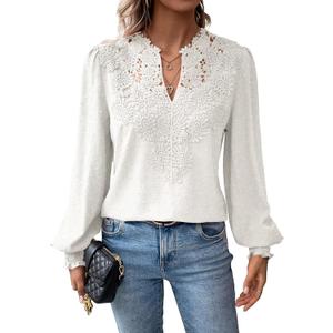 Falechay Womens Tops Swiss Dot Boho Long Sleeve Shirts V Neck Casual Chiffon Blouses Flowy Lace Hem Cute Clothing Trendy 2026 (White, XS)