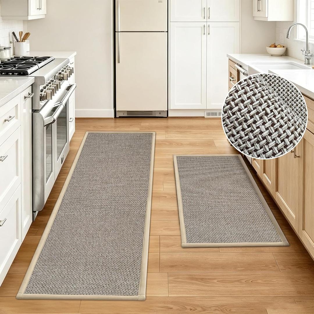 Kitchen Rugs Sets of 2,Non Slip Kitchen Mats for Floor,Thick Braided Vintage Kitchen Floor Mat Runner Carpet for Hallways Entryway Laundry Room Washable（Brown 17"x30"+17"x47"）