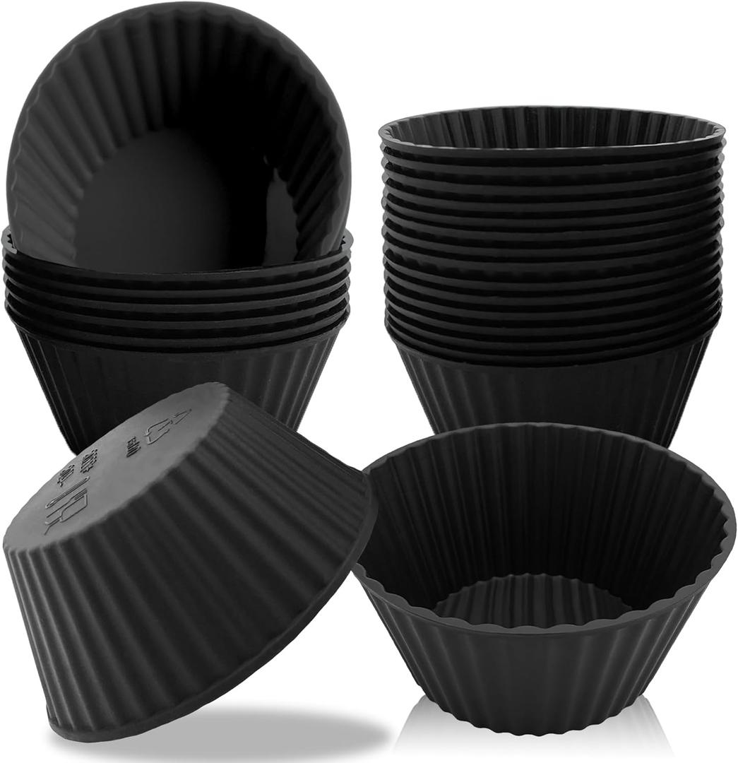 24 Pack Reusable Silicone Cupcake Liners Black, 2.76 Inch Silicone Muffin Cups for Kitchen, Non-Stick Baking Cups for Cupcakes, Muffins