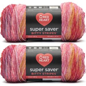 Red Heart Super Saver Bitty Stripes Pink Lemonade Yarn - 2 Pack of 10oz/283g - 100% Acrylic - #4 Worsted (Medium) - 515 Yards - Knitting/Crochet