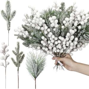Lyrow 80 Pieces Christmas Snowy Pine Tree Picks Artificial Berry Stems Sprays Faux Cedar Pine Needles Branches for Holiday Arrangement Wreath DIY Garland Holiday Decor Winter Greenery (White)