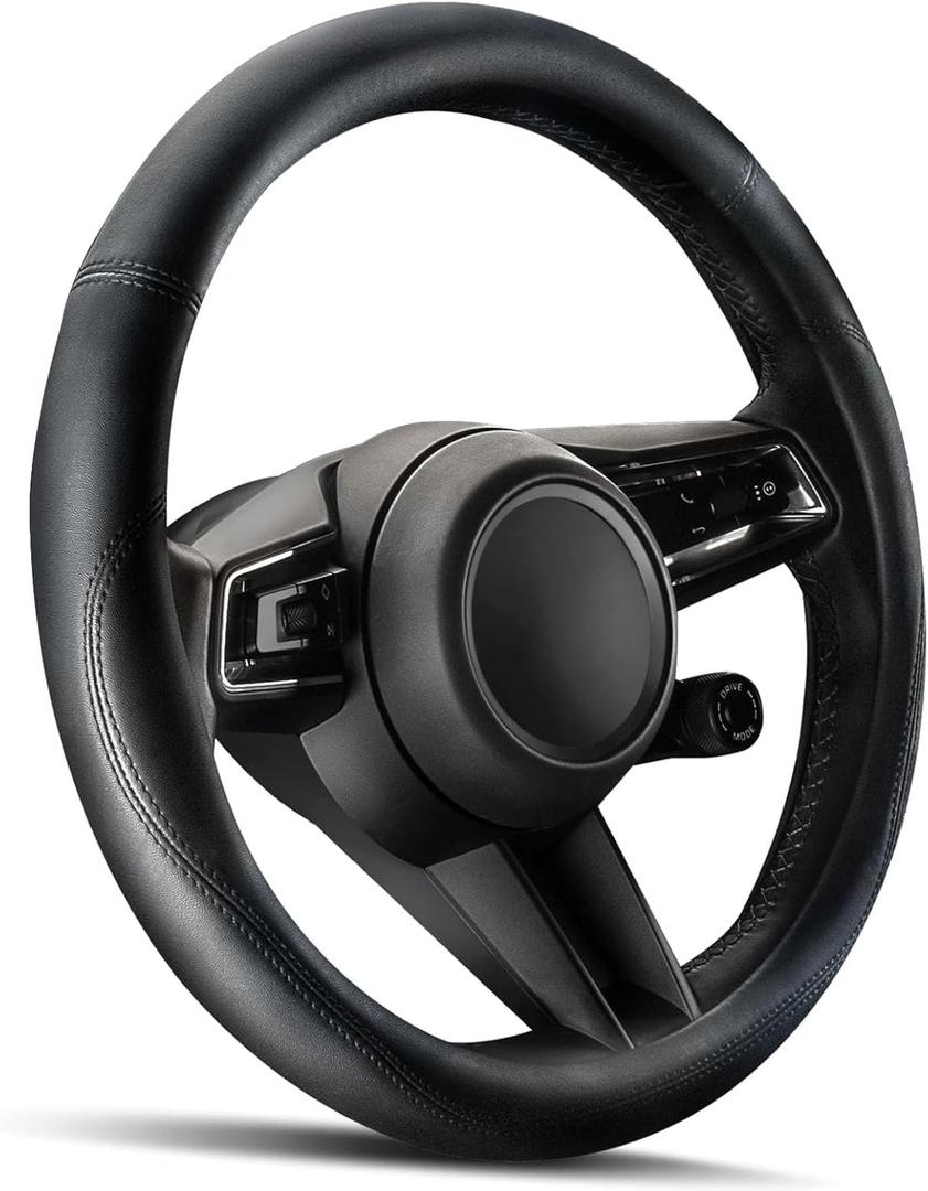 HOTOR Car Steering Wheel Cover - Universal Car Accessory for Diverse Cars, Leather Cover with Anti-Slip Lining, for Steering Wheel with a Diameter of 14.5"-15",Black