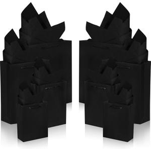 Outus 24 Sets Black Gift Bags Paper Kraft Bags with 24 Pcs Copy Papers 4 Different Sizes in 6/8/11/13 Inches for Birthday Graduations Parties Wedding
