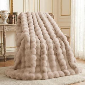 L'AGRATY Faux Fur Throw Blanket: 60" x 80" Luxury Soft Fluffy Rabbit Fur Blankets Twin for Couch Bed Sofa - Cozy Plush Bubble Blankets for Winter: Flannel Fleece Decorative Blanket(Light Linen)